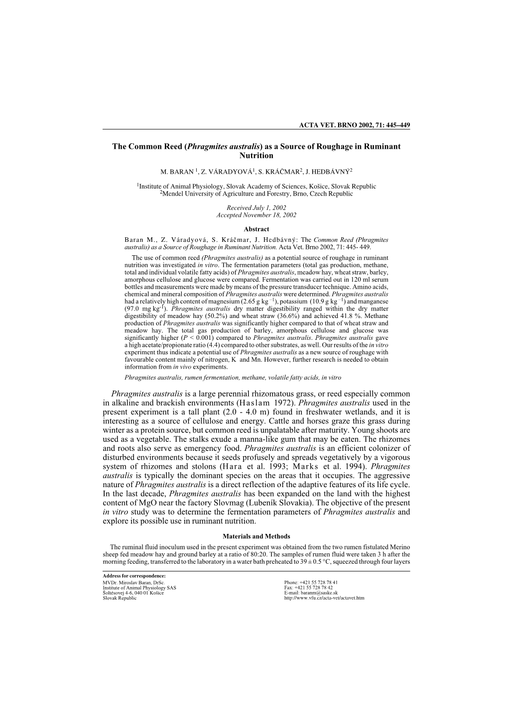 Phragmites Australis) As a Source of Roughage in Ruminant Nutrition