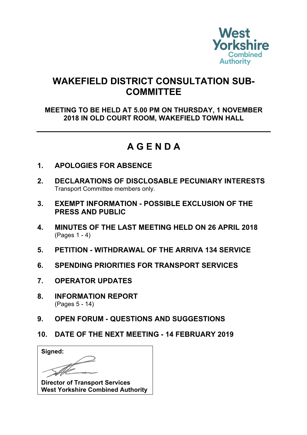 (Public Pack)Agenda Document for Wakefield District Consultation Sub-Committee, 01/11/2018 17:00