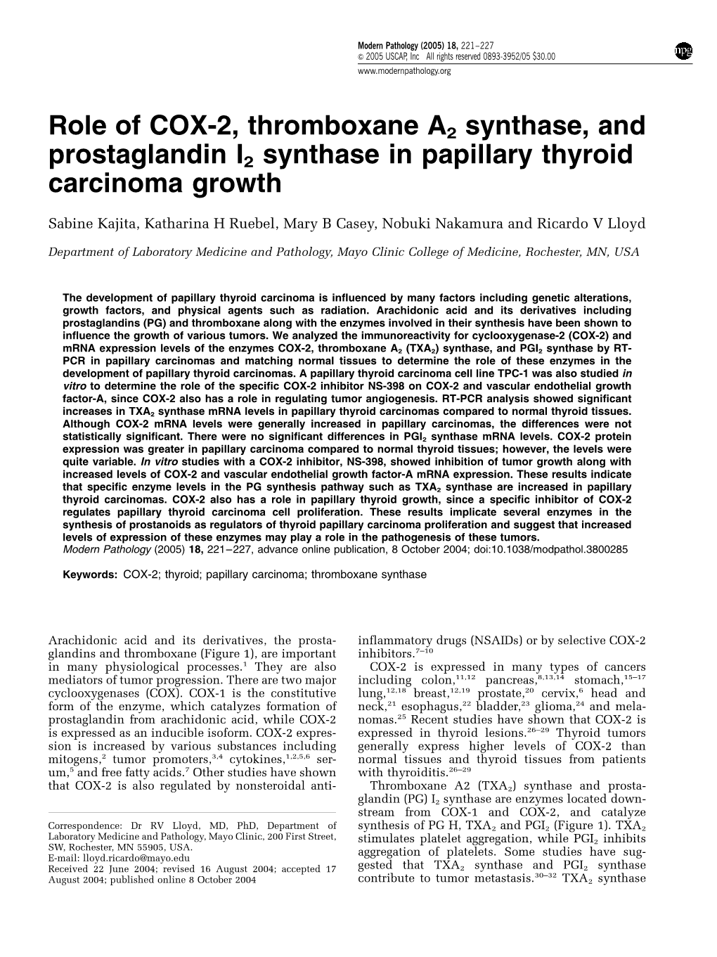 Role of COX-2, Thromboxane A2 Synthase, and Prostaglandin I2 Synthase in Papillary Thyroid Carcinoma Growth