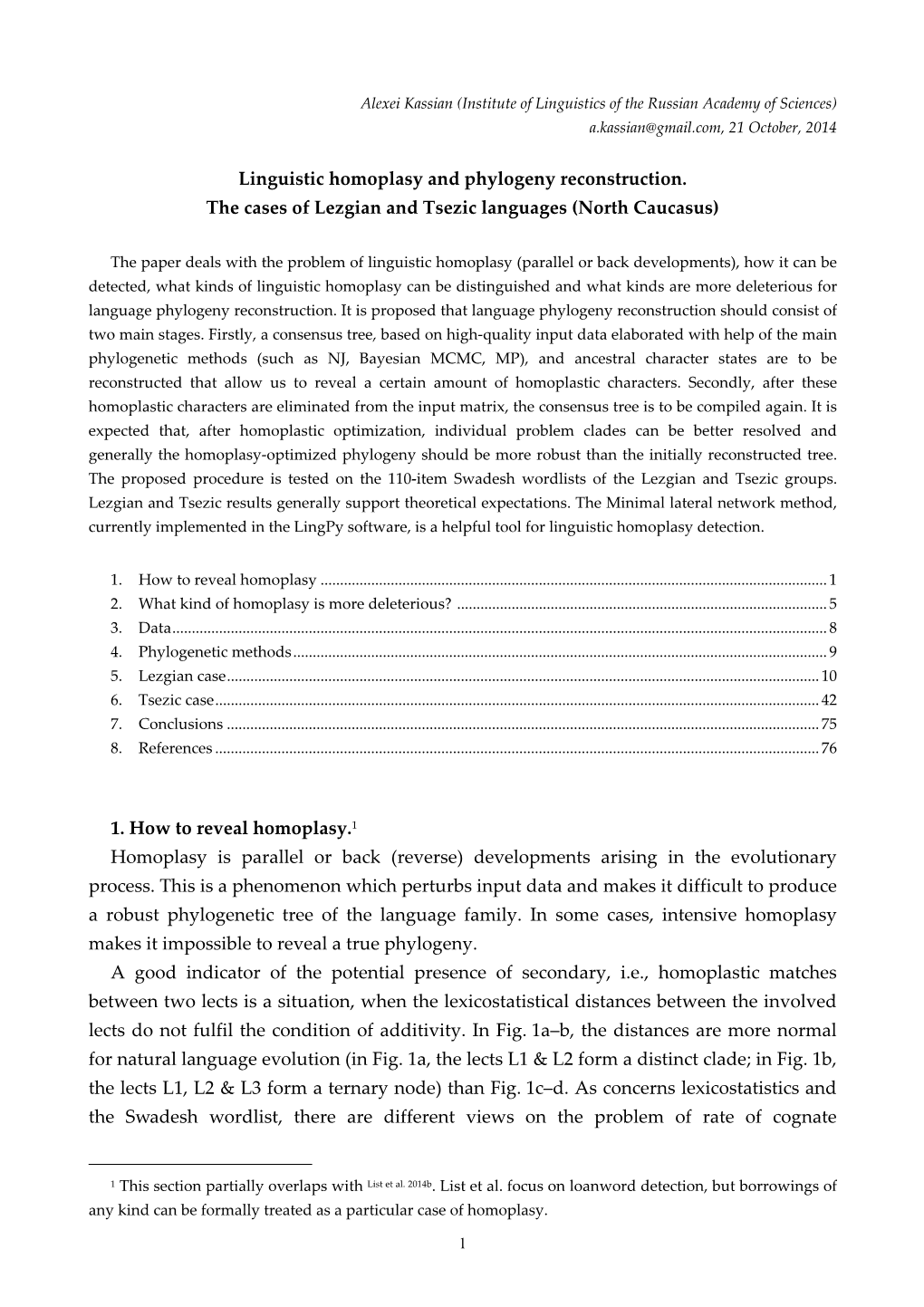 Linguistic Homoplasy and Phylogeny Reconstruction. the Cases of Lezgian and Tsezic Languages (North Caucasus)