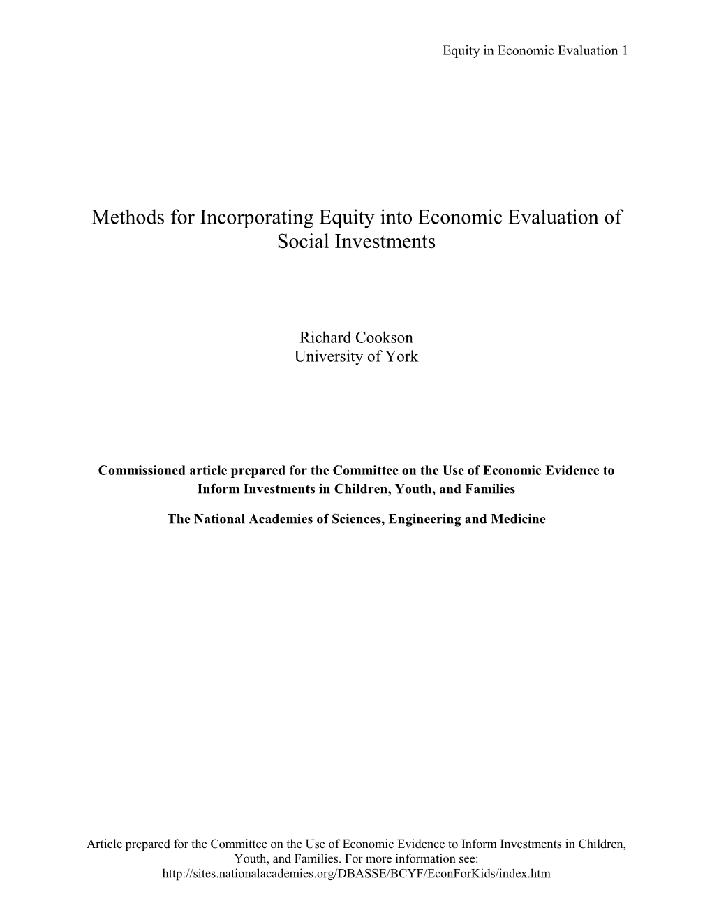 Methods for Incorporating Equity Into Economic Evaluation of Social Investments