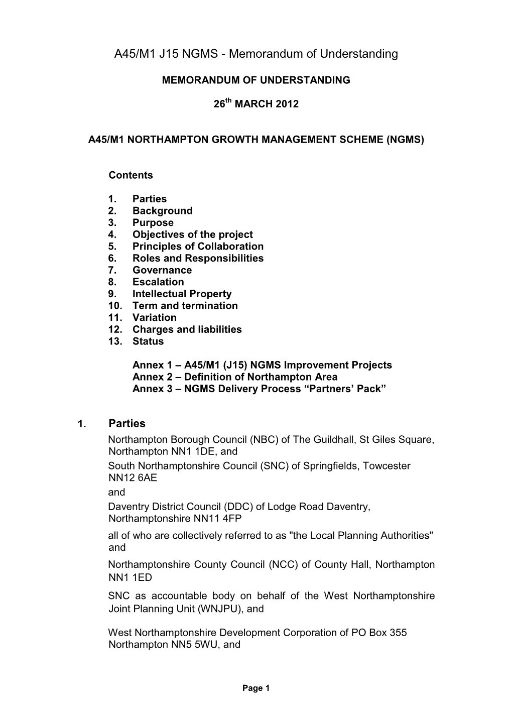 A45/M1 J15 NGMS – Memorandum of Understanding