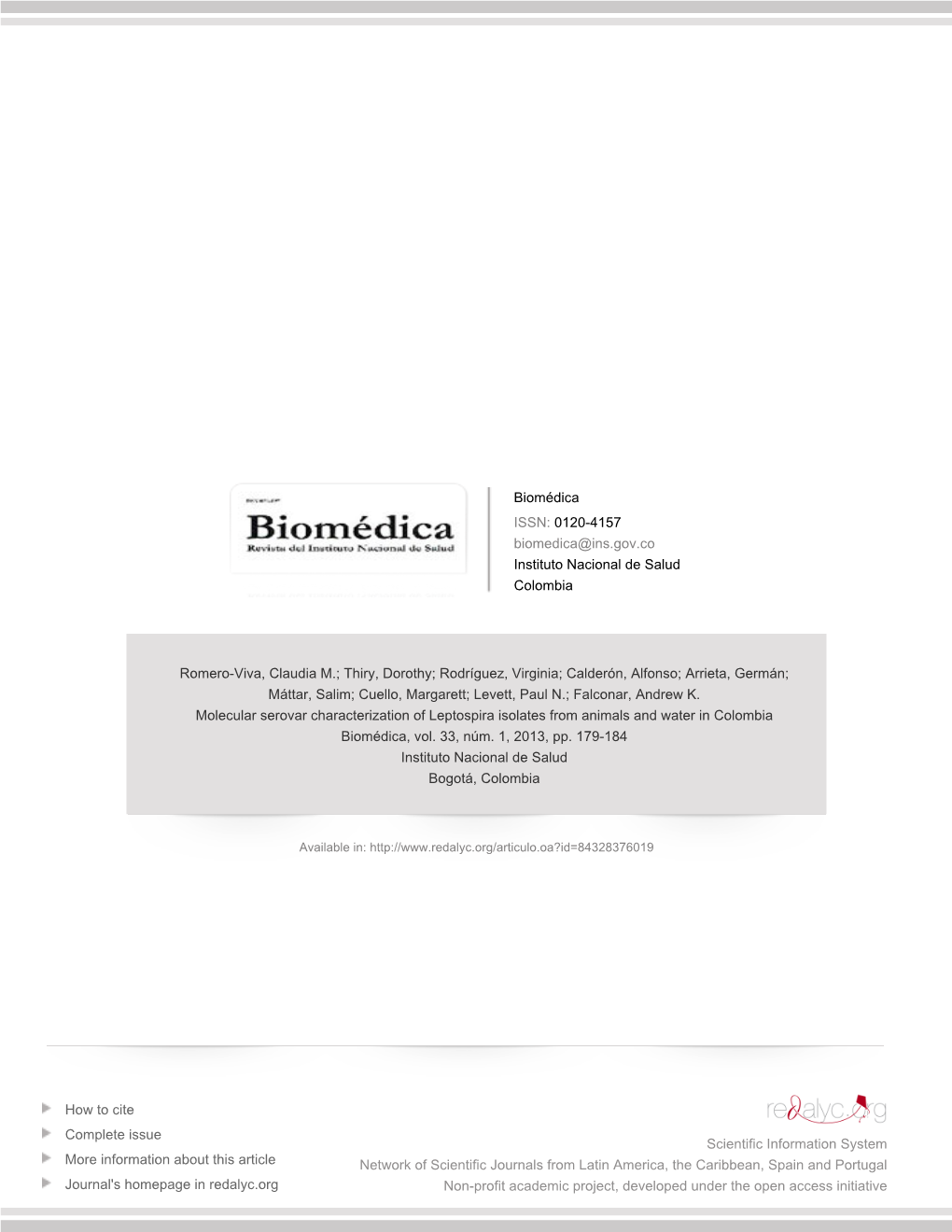 Redalyc.Molecular Serovar Characterization of Leptospira