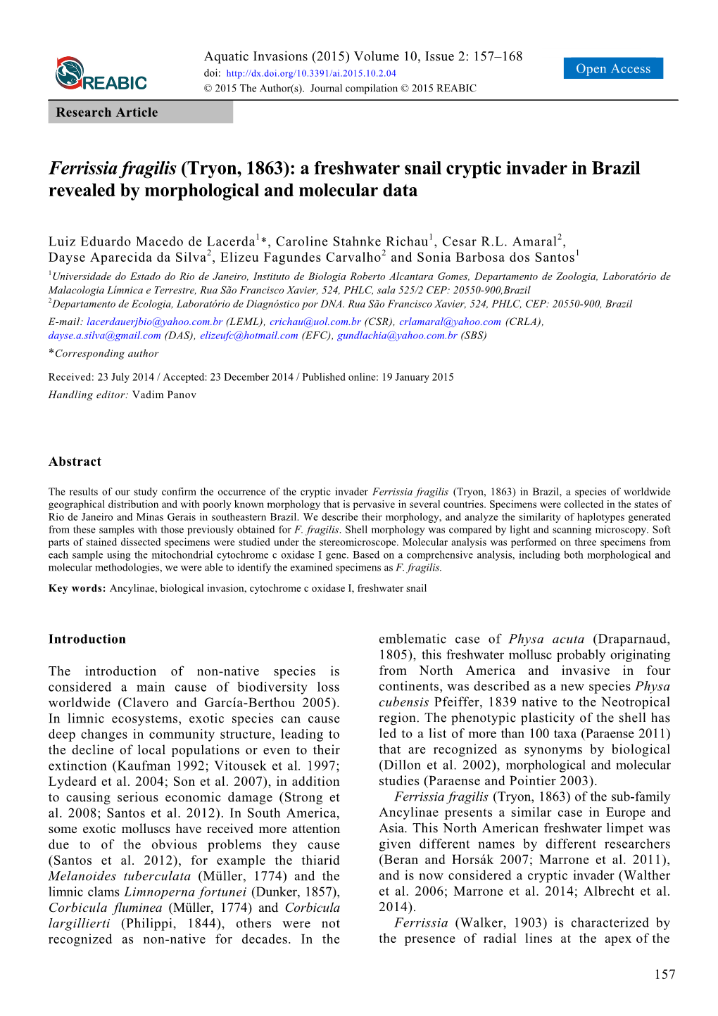 Ferrissia Fragilis (Tryon, 1863): a Freshwater Snail Cryptic Invader in Brazil Revealed by Morphological and Molecular Data