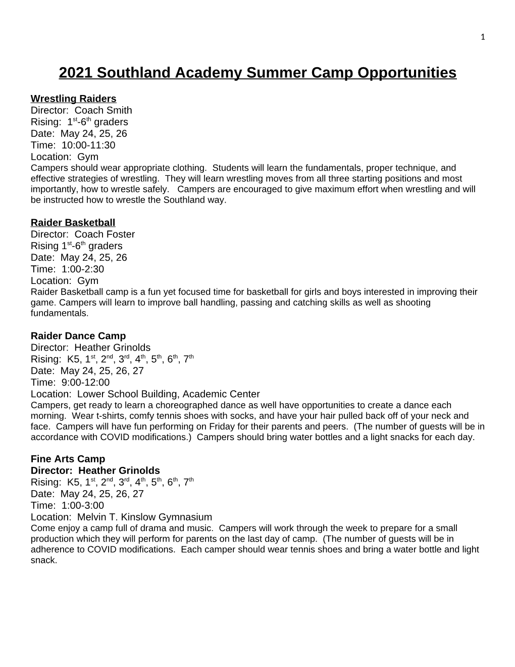 2021 Southland Academy Summer Camp Opportunities
