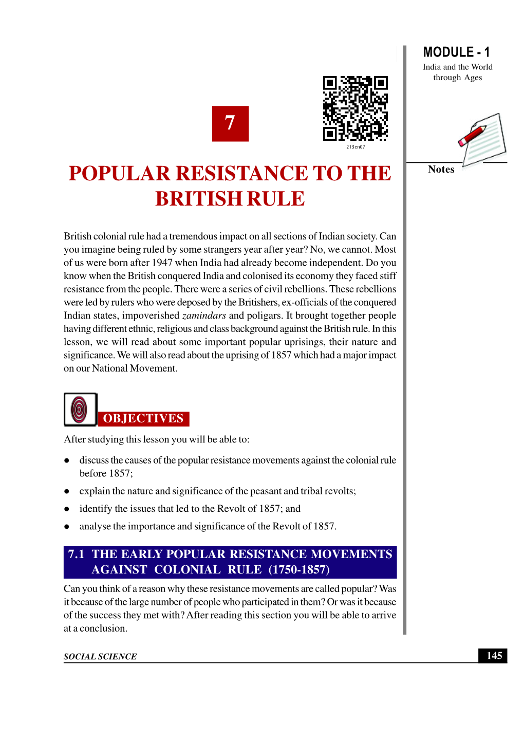 Popular Resistance to the British Rule MODULE - 1 India and the World Through Ages