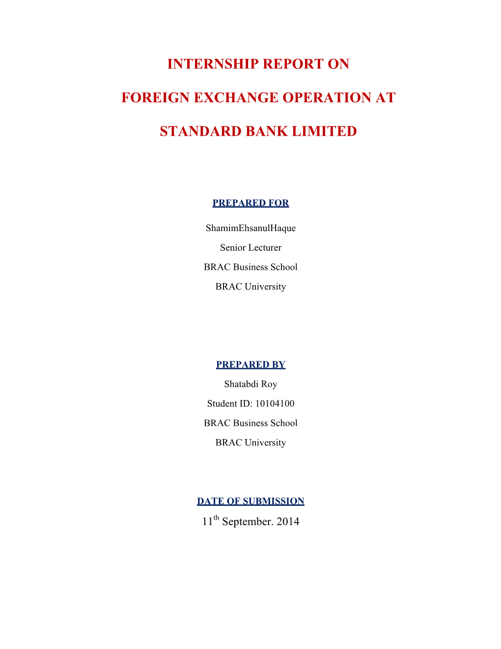 Internship Report on Foreign Exchange Operation at Standard Bank Limited