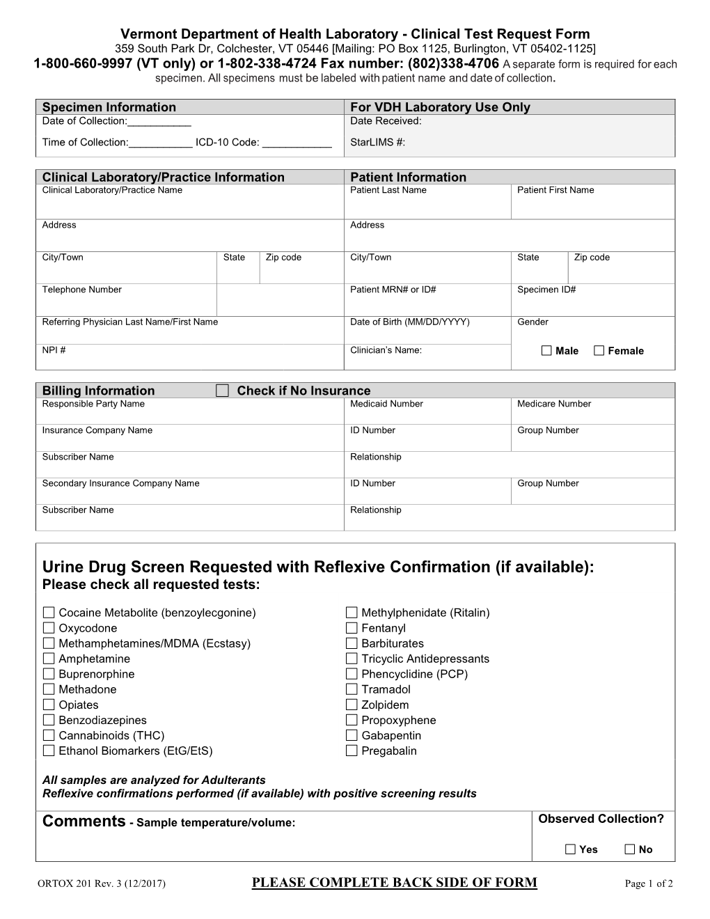 Urine Drug Order Form