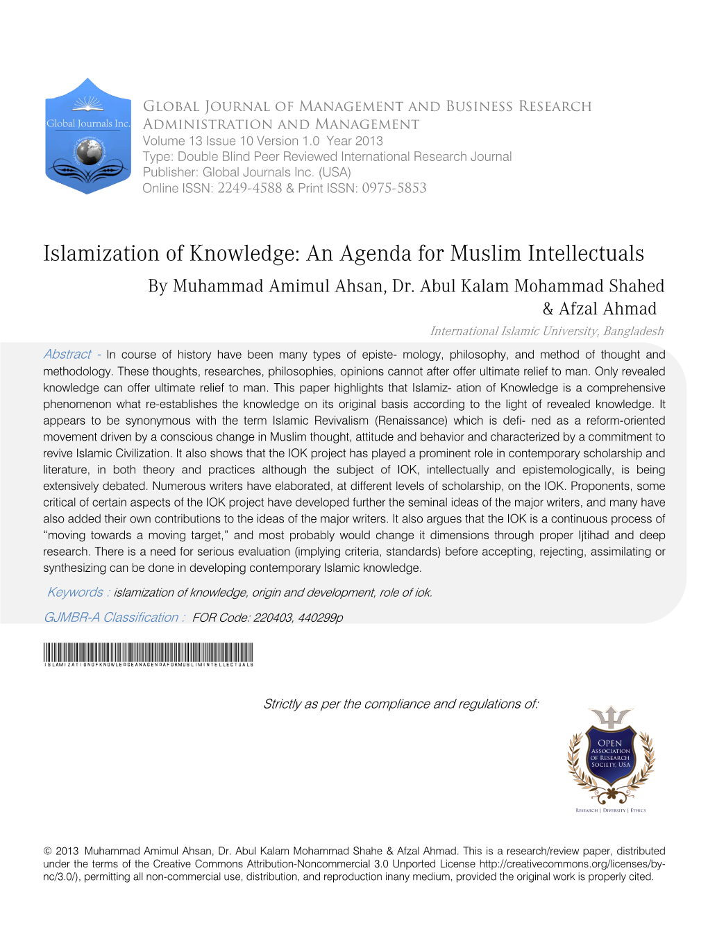 Islamization of Knowledge: an Agenda for Muslim Intellectuals by Muhammad Amimul Ahsan, Dr