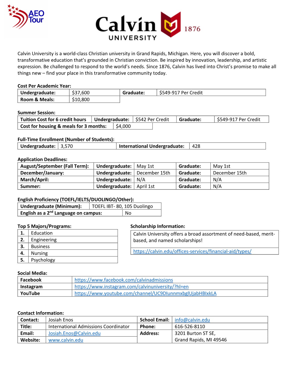 Calvin University Information Guide