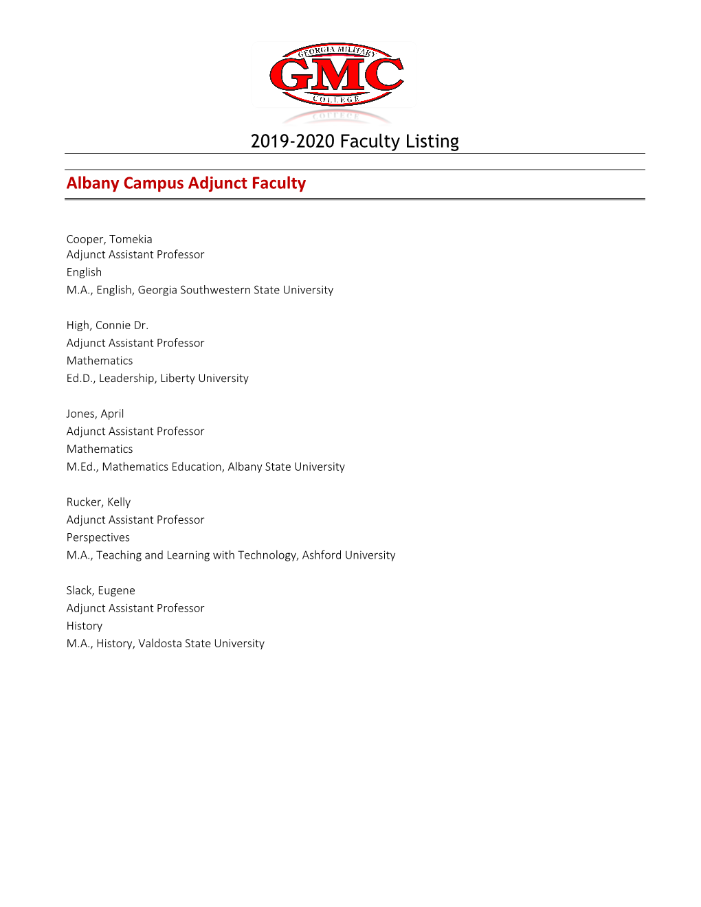 2019-2020 Faculty Listing