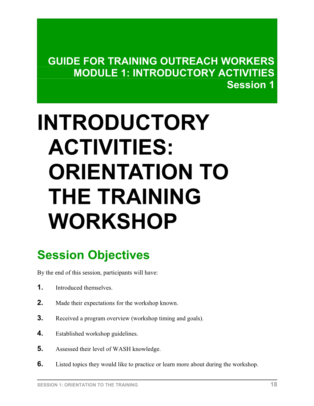 Introductory Activities: Orientation to the Training Workshop