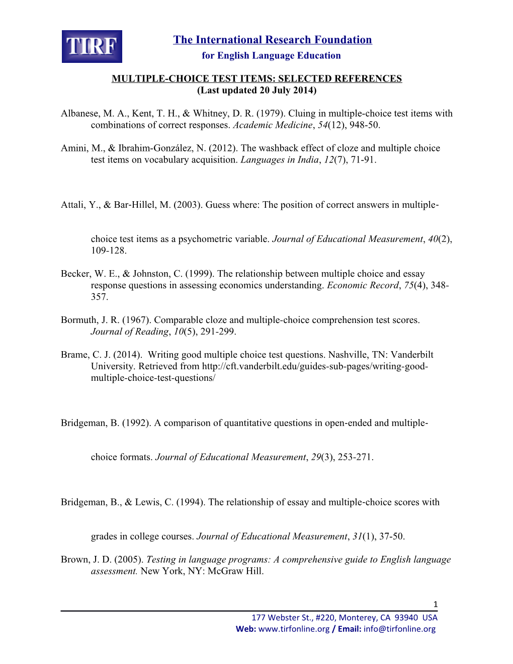 Multiple-Choice Test Items: Selected References