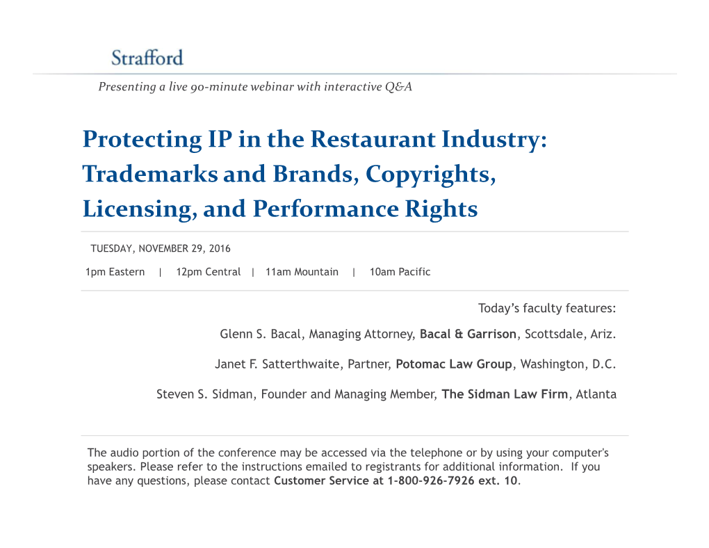 Protecting IP in the Restaurant Industry: Trademarks and Brands, Copyrights, Licensing, and Performance Rights