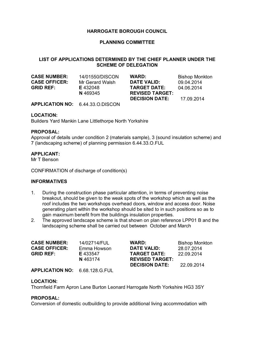 Harrogate Borough Council Planning Committee List Of