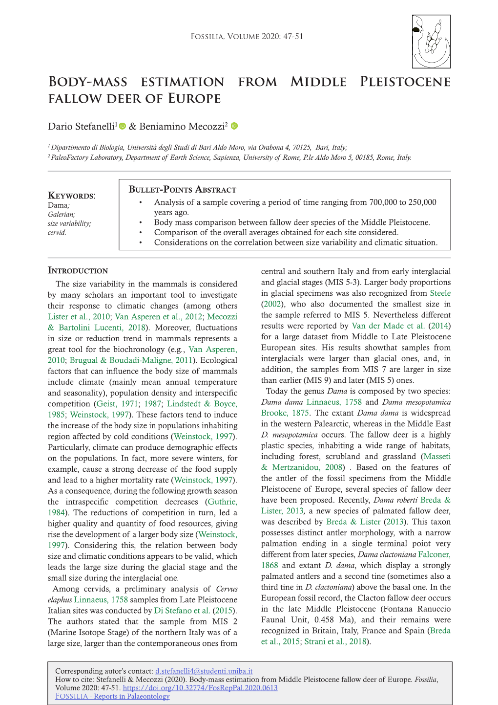 Body-Mass Estimation from Middle Pleistocene Fallow Deer of Europe