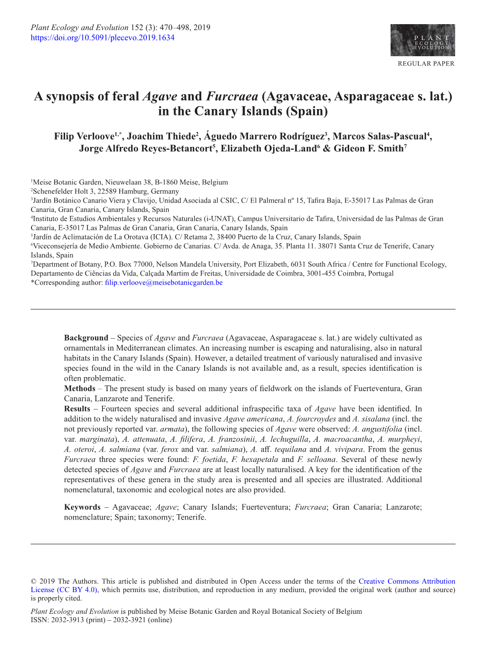 A Synopsis of Feral Agave and Furcraea (Agavaceae, Asparagaceae S. Lat.) in the Canary Islands (Spain)