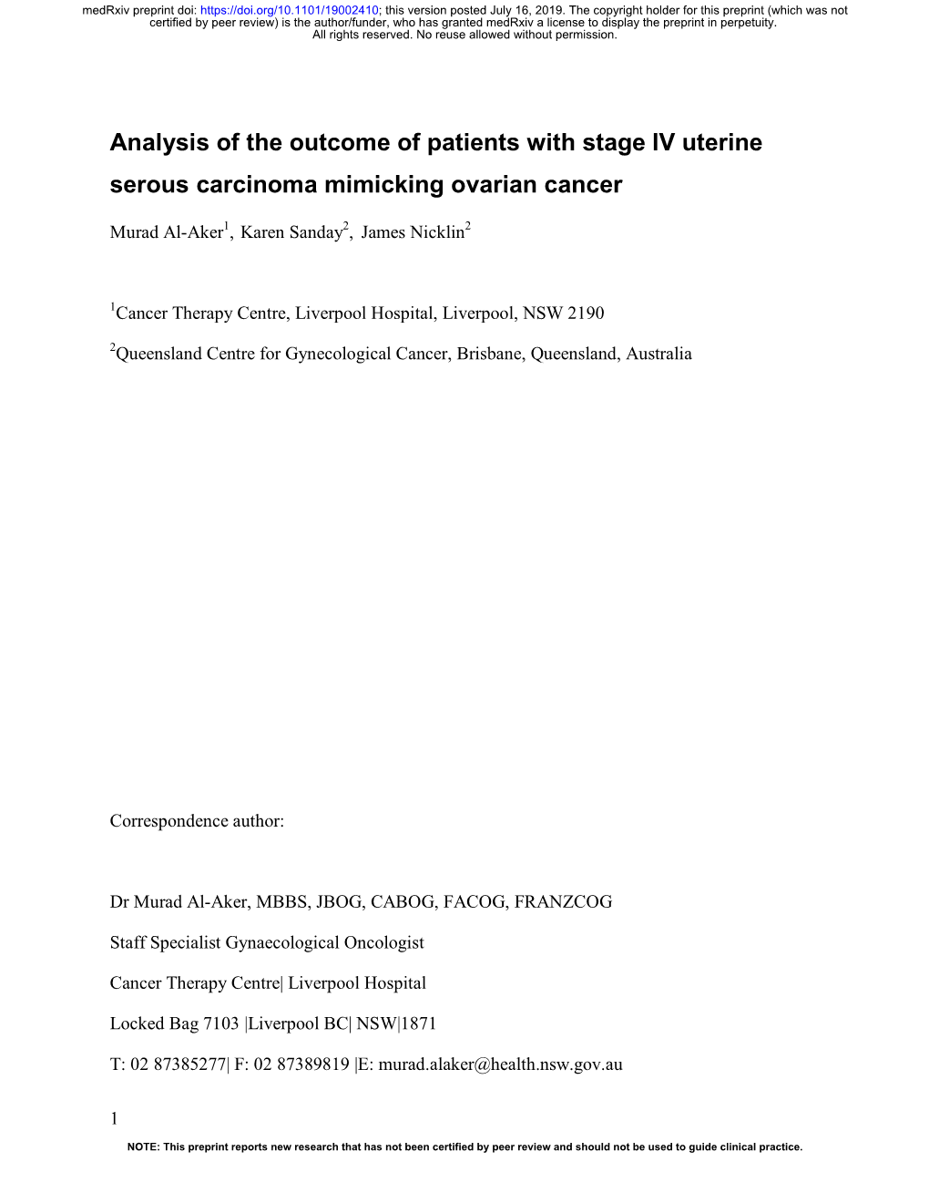 Analysis of the Outcome of Patients with Stage IV Uterine Serous Carcinoma Mimicking Ovarian Cancer
