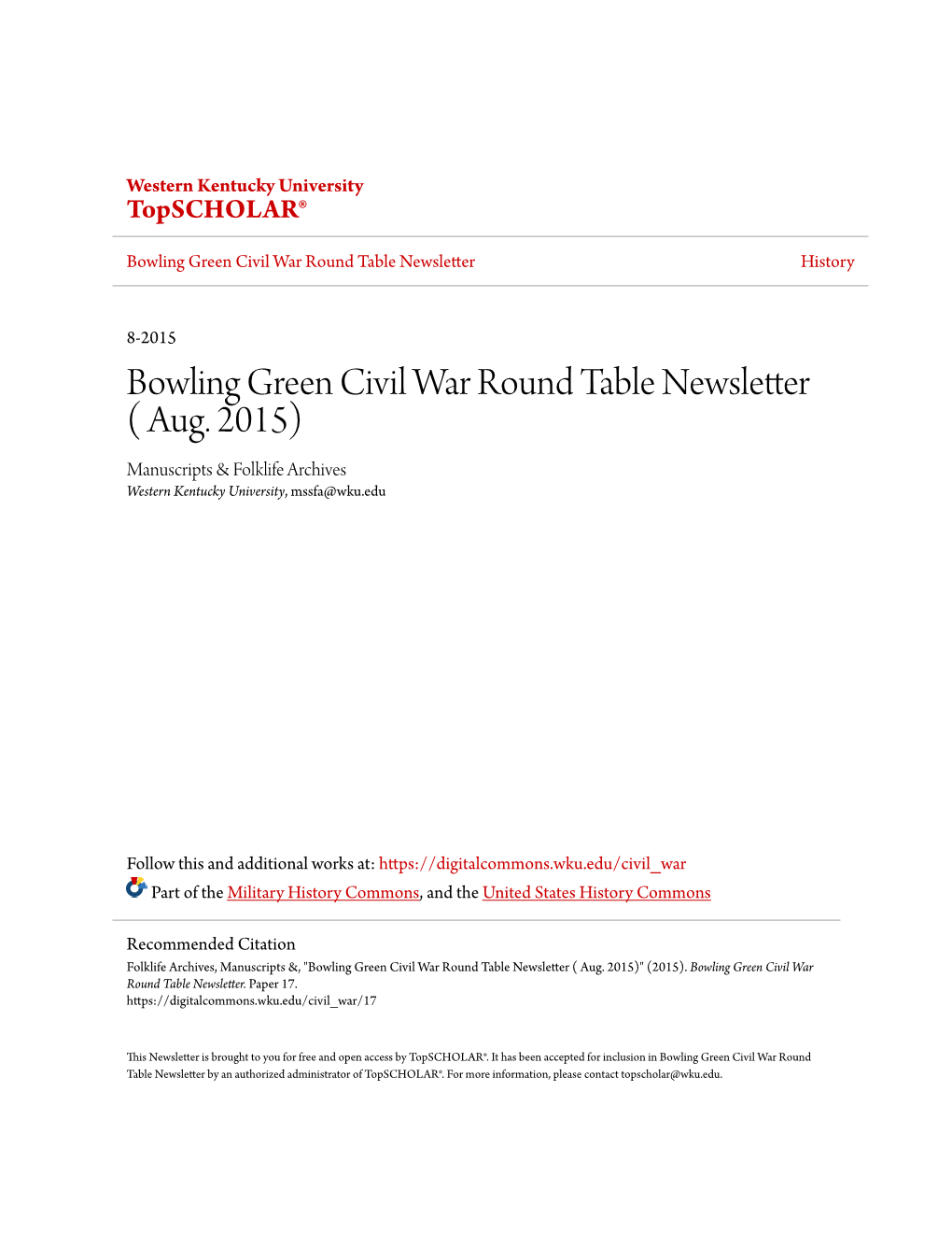 Bowling Green Civil War Round Table Newsletter History