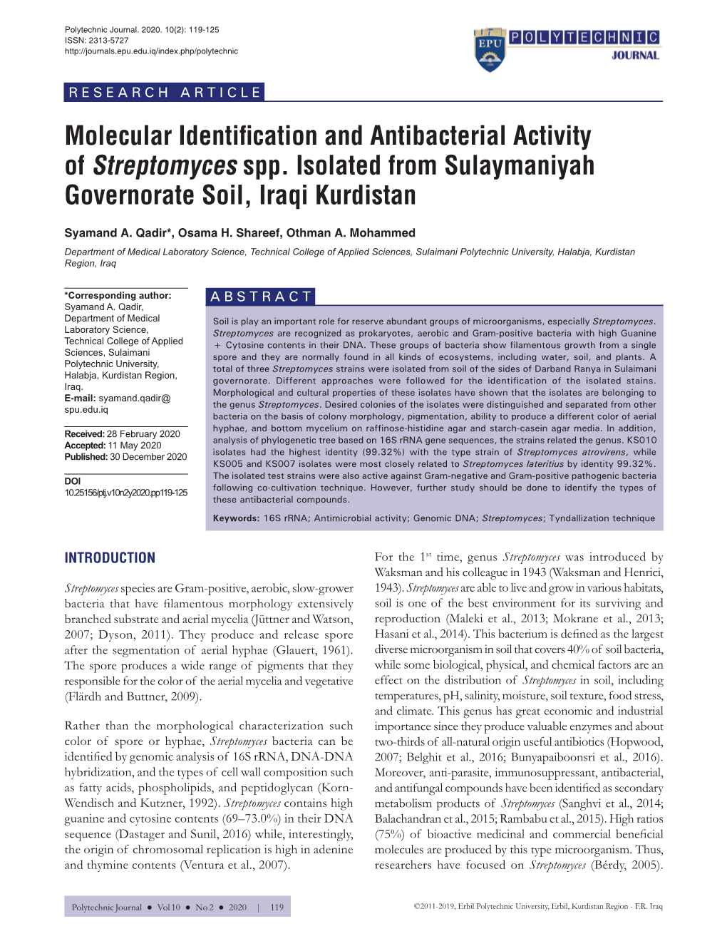 Molecular Identification and Antibacterial Activity of Streptomyces Spp. Isolated from Sulaymaniyah Governorate Soil, Iraqi Kurdistan