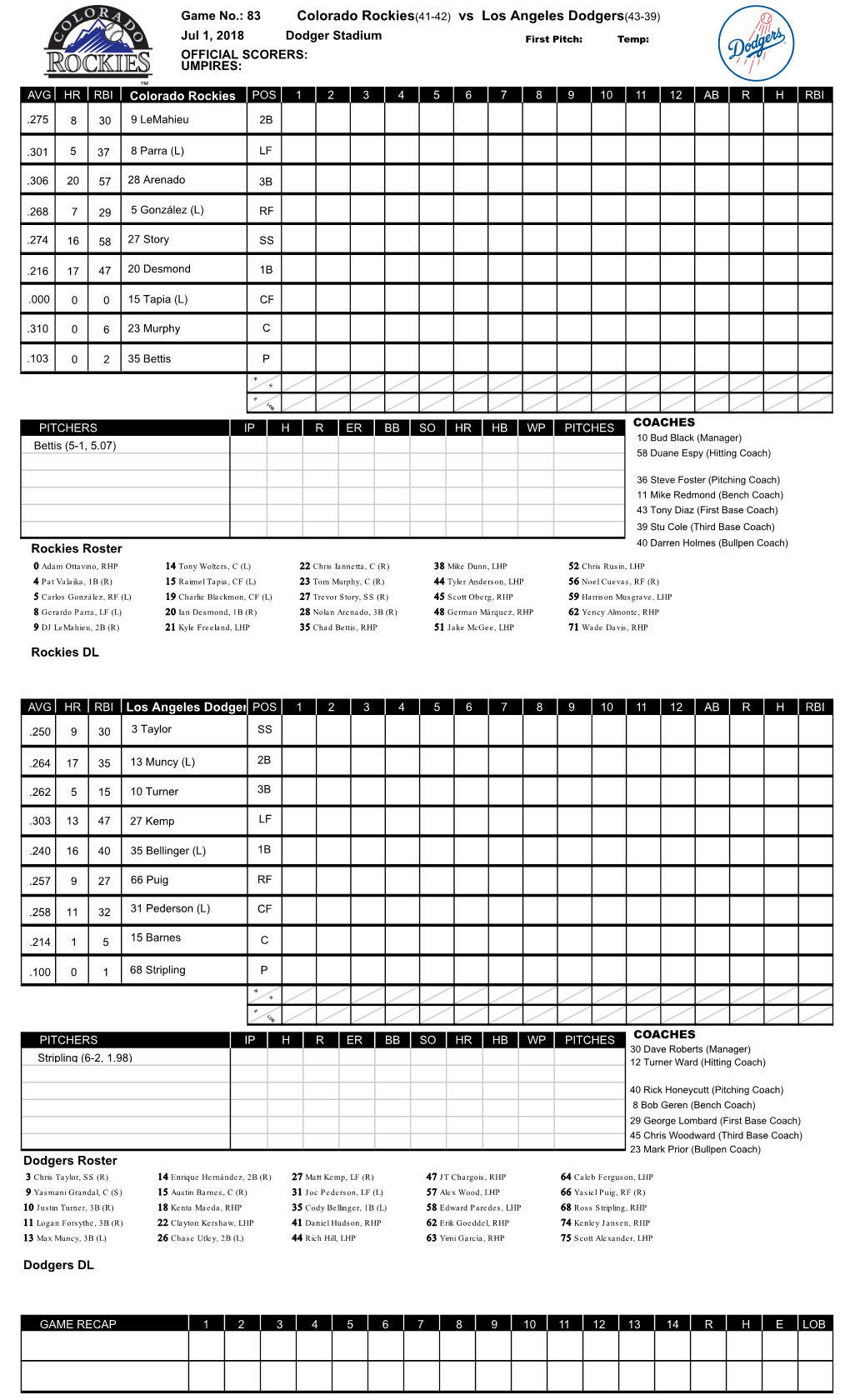 Colorado Rockies(41-42) Vs Los Angeles Dodgers(43-39)