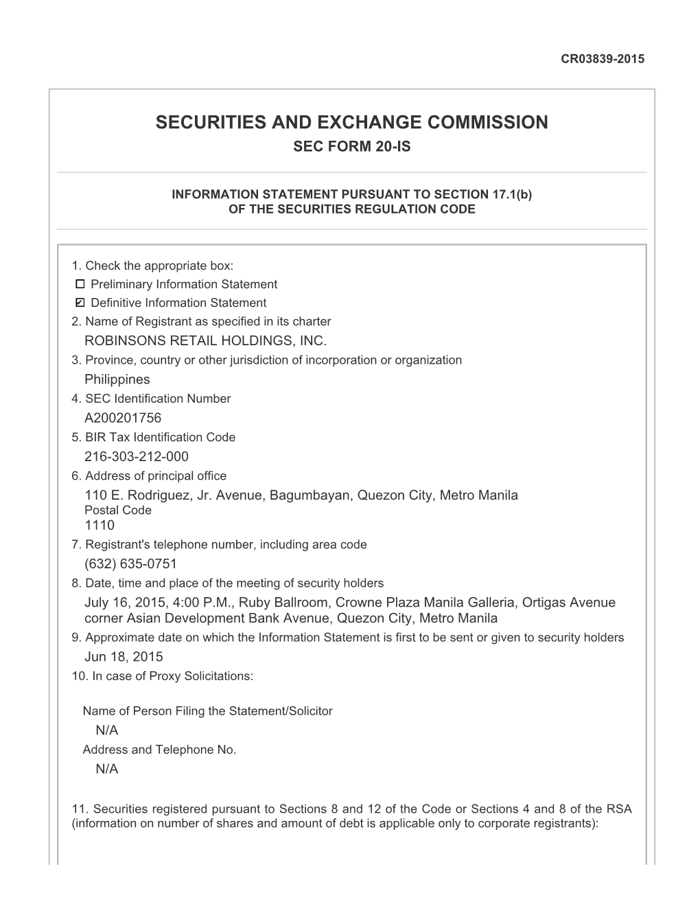 Securities and Exchange Commission Sec Form 20-Is