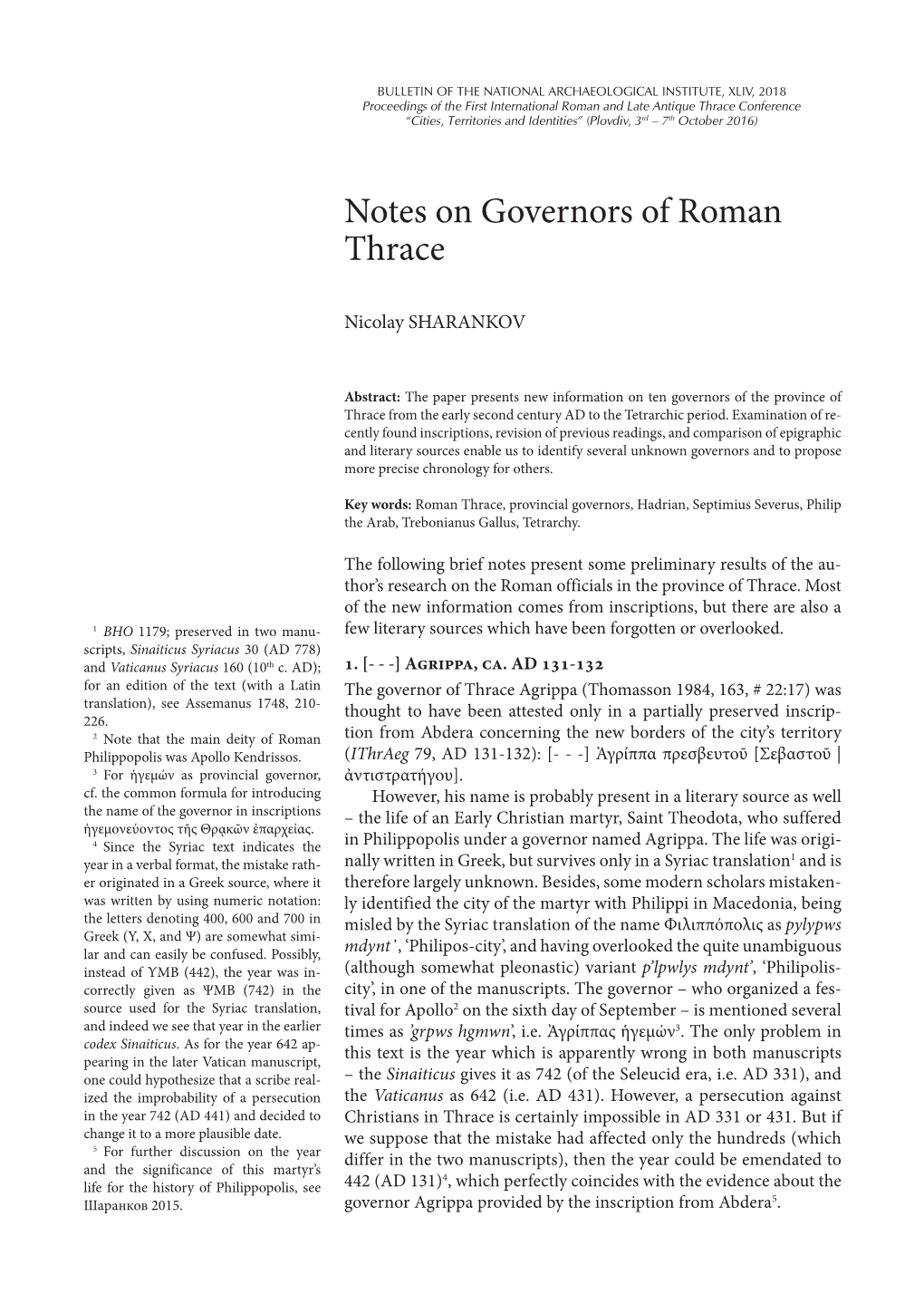 Notes on Governors of Roman Thrace