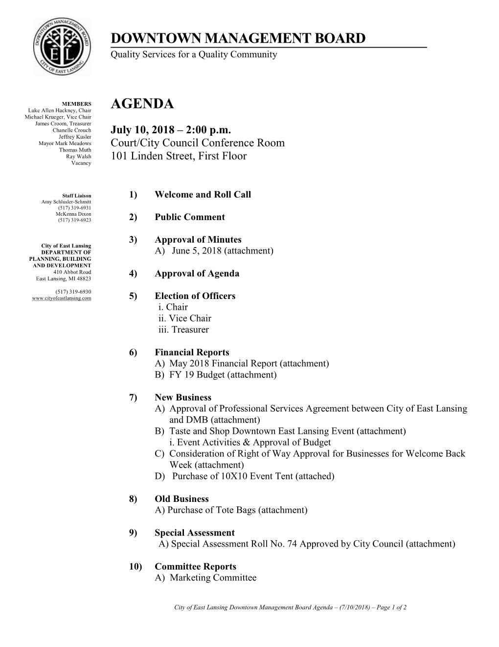 Downtown Management Board Agenda – (7/10/2018) – Page 1 of 2