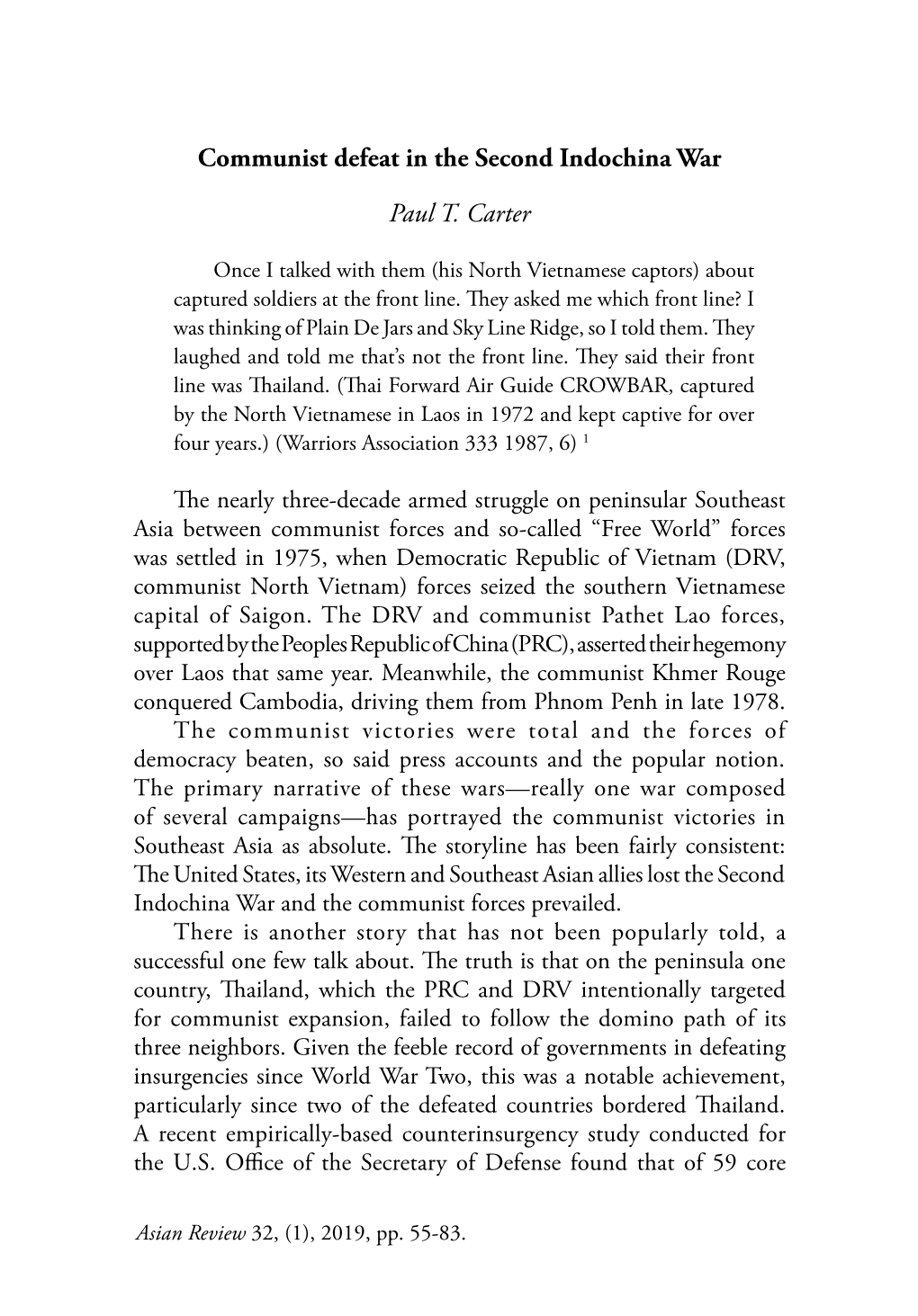 Communist Defeat in the Second Indochina War Paul T. Carter