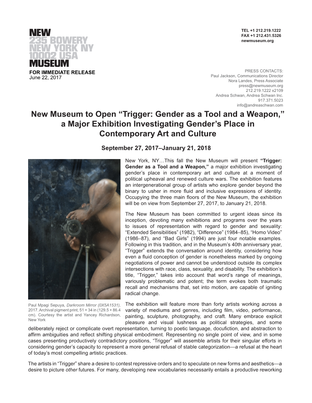 New Museum to Open “Trigger: Gender As a Tool and a Weapon,” a Major Exhibition Investigating Gender's Place in Contempor