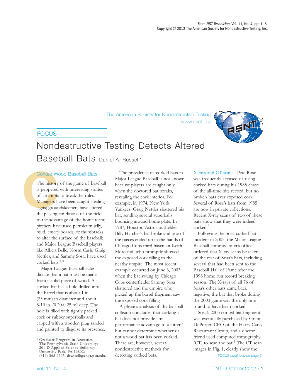 Nondestructive Testing Detects Altered Baseball Bats