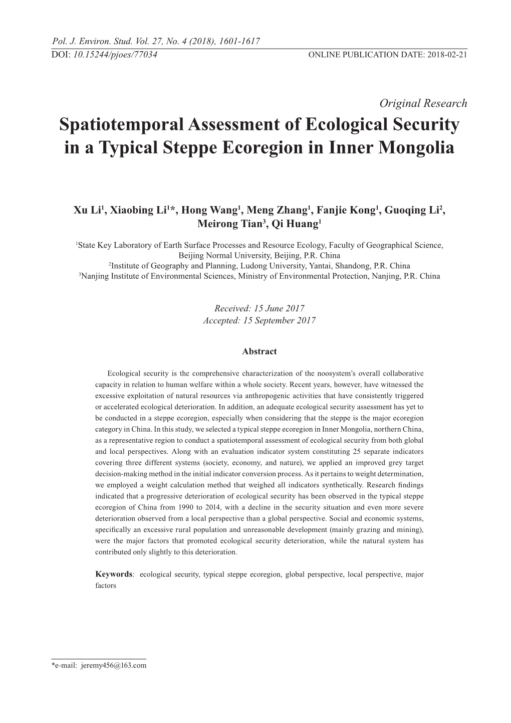 Spatiotemporal Assessment of Ecological Security in a Typical Steppe Ecoregion in Inner Mongolia