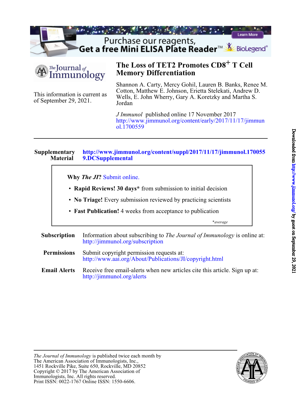 The Loss of TET2 Promotes CD8+ T Cell Memory Differentiation Shannon A