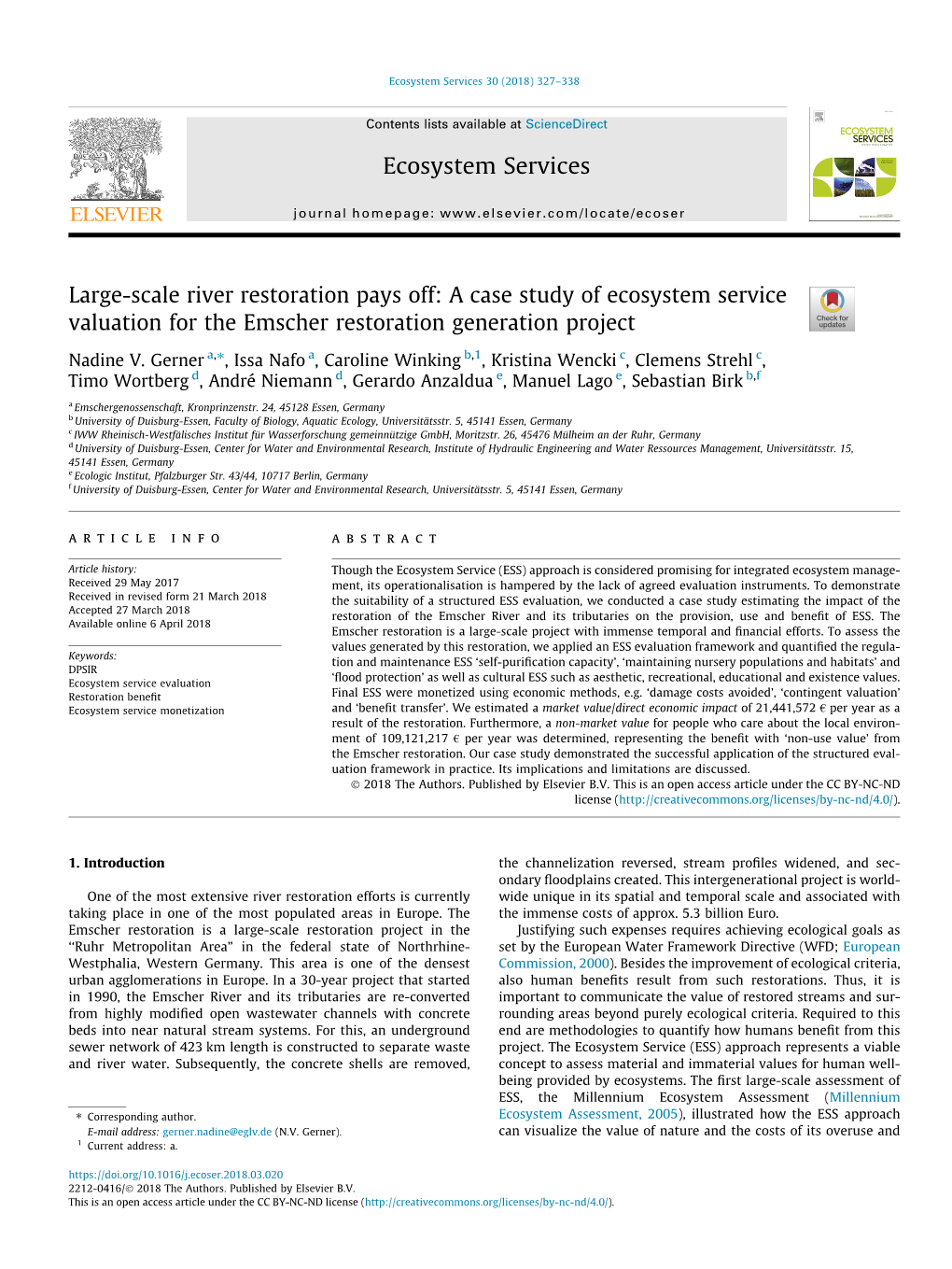 Large-Scale River Restoration Pays Off: a Case Study of Ecosystem Service Valuation for the Emscher Restoration Generation Project ⇑ Nadine V