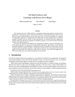 On Ideal Lattices and Learning with Errors Over Rings∗