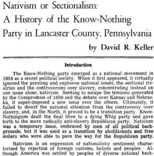 Nativism Or Sectionalism: a History of the Know-Nothing Party in Lancaster County, Pennsylvania by David R