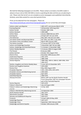 We Hold the Following Newspapers on Microfilm. Please Contact Us to Book