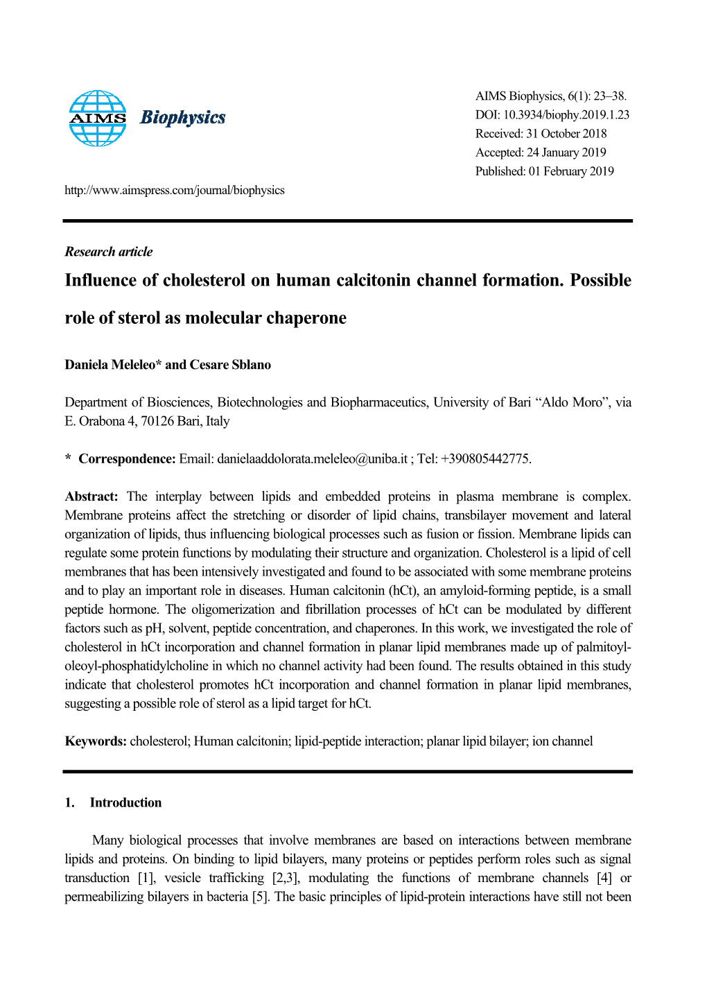 Influence of Cholesterol on Human Calcitonin Channel Formation