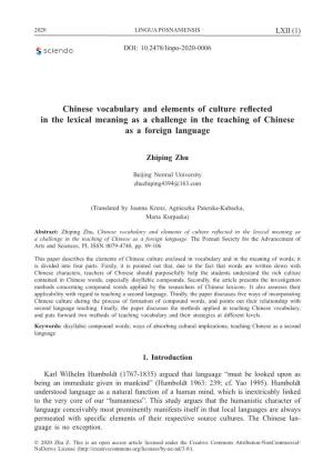 Chinese Vocabulary and Elements of Culture Reflected in the Lexical Meaning As a Challenge in the Teaching of Chinese As a Foreign Language