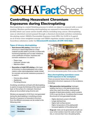 Controlling Hexavalent Chromium Exposures During Electroplating Electroplating Is a Metal Finishing Process in Which an Object Is Covered with a Metal Coating