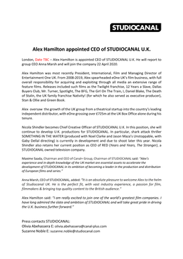 Alex Hamilton Appointed CEO of STUDIOCANAL U.K