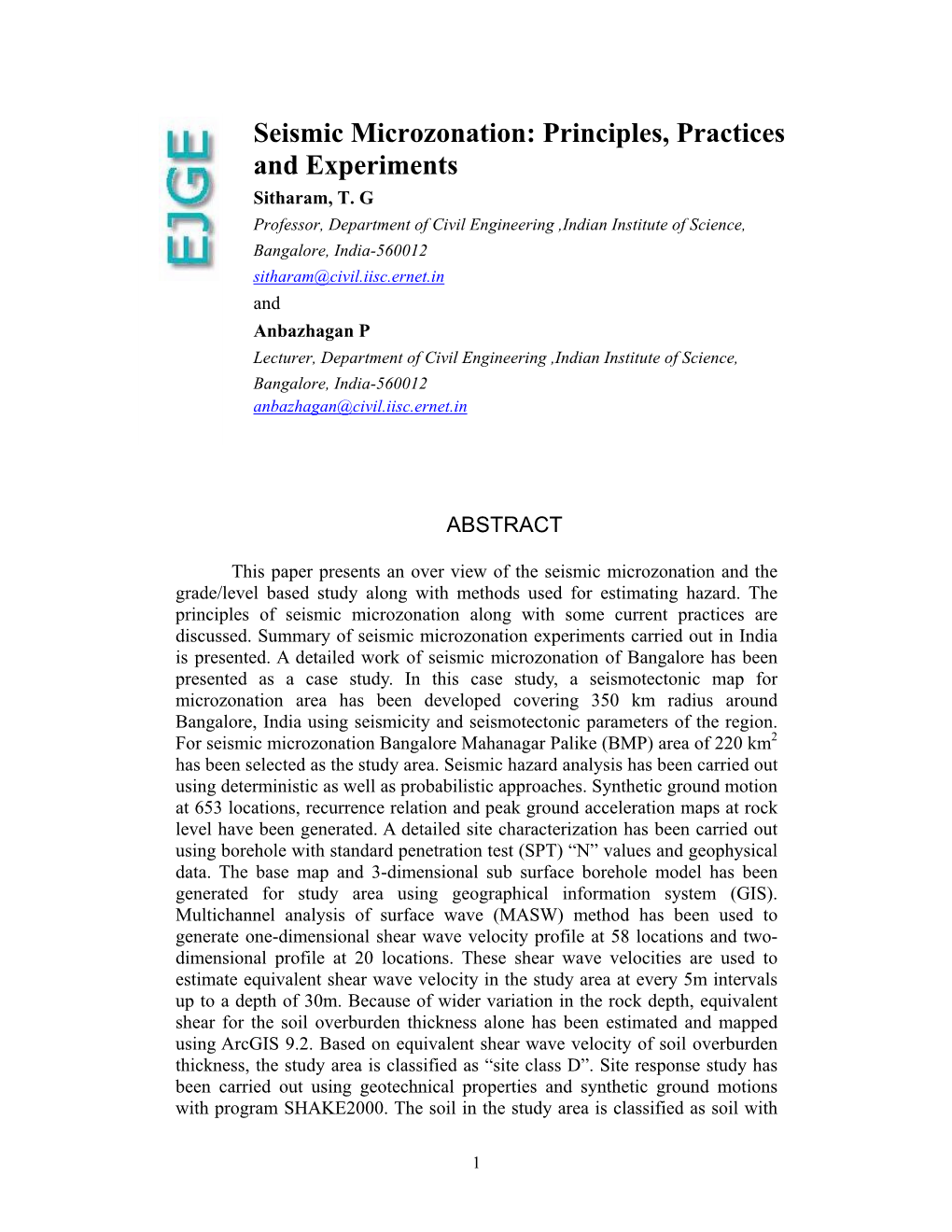 Seismic Microzonation: Principles, Practices and Experiments Sitharam, T