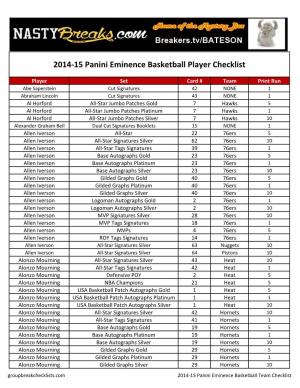 2014-15 Panini Eminence Basketball Player Checklist