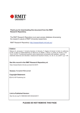 PLEASE DO NOT REMOVE THIS PAGE Fundamental Quantum Optics Experiments Conceivable with Satellites — Reaching Relativistic Distances and Velocities