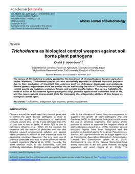 Trichoderma As Biological Control Weapon Against Soil Borne Plant Pathogens