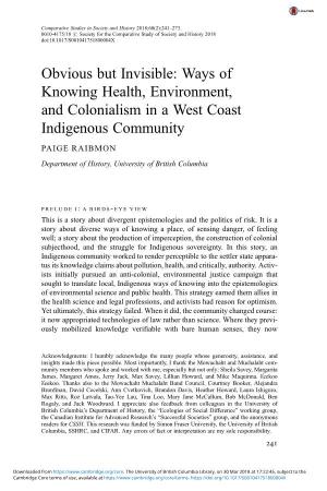 Obvious but Invisible: Ways of Knowing Health, Environment, and Colonialism in a West Coast Indigenous Community