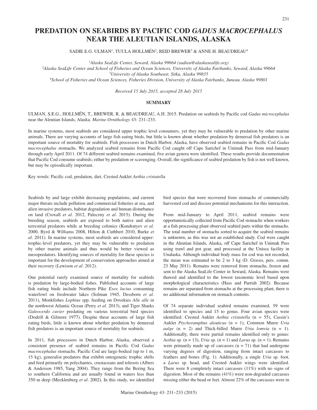 Predation on Seabirds by Pacific Cod Gadus Macrocephalus Near the Aleutian Islands, Alaska