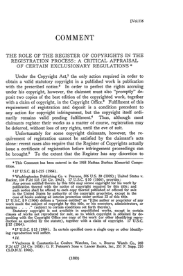 The Role of the Register of Copyrights in the Registration Process: a Critical Appraisal of Certain Exclusionary Regulations *