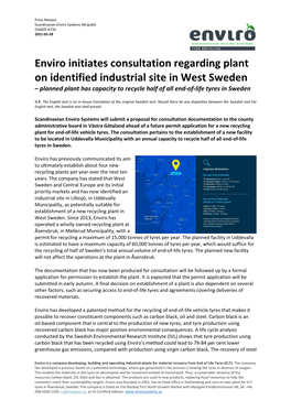 Enviro Initiates Consultation Regarding Plant on Identified Industrial Site In