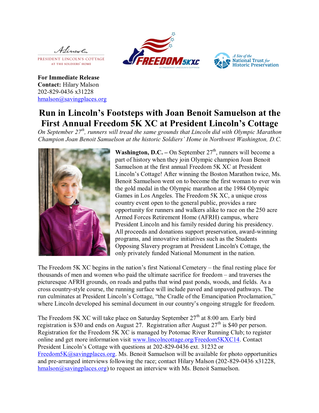 Run in Lincoln's Footsteps with Joan Benoit Samuelson at the First